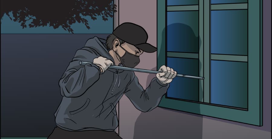 Illustration of burglar forcing entry through a window in Little Rock